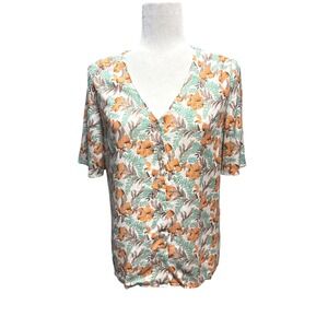 Tribal Tropical Floral Blouse Mango Leaf Print Linen Blend Boho Resort Top Small